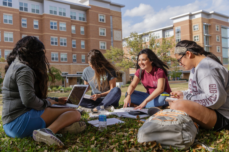 Four female students sitting on the campus lawn and studying