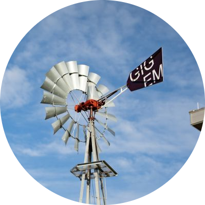 Wind mill at TAMU gardens with a tail in maroon that is painted "Gig 'em"